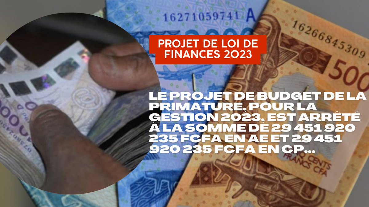 SunuBudget's tweet photo. Le projet de budget de la Primature, pour la gestion 2023, est arrêté à la somme de 29 451 920 235 FCFA en AE et 29 451 920 235 FCFA en CP... 
#budget #LFI #senegal https://t.co/hr76TT4FQ3