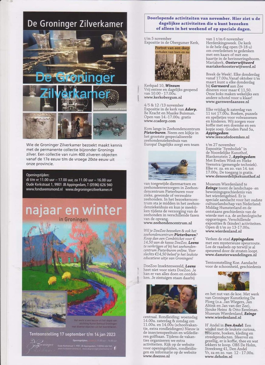 dasjagoud's tweet photo. Goed #weekend  en veel plezier met de Uitagenda Dasjagoud
Er op #UIT in november.
https://t.co/MArfFN45cT

#dagjeweg #Groningen #musea #Noord #restaurant #Wadlopen #varen #muziek #eropuit #Grunn #platteland #provincie #regio #dorpen #evenement #kunst #routes #kerken etc https://t.co/u2pnfGbCqj