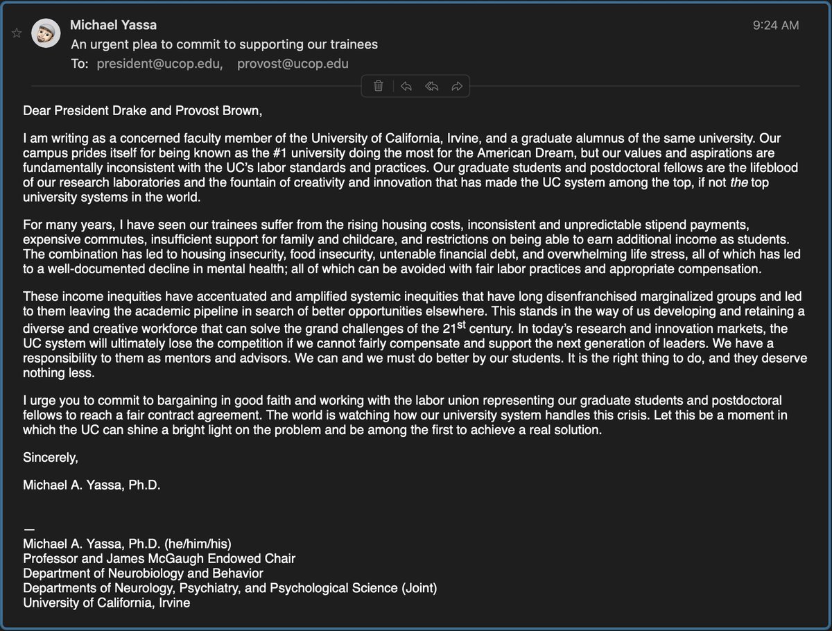 Dear <a href="/UofCalifornia/">University of California</a>. I urge you to commit to bargaining in good faith and working with the labor union representing our graduate students and postdoctoral fellows to reach a fair contract agreement. The world is watching. @UCPrezDrake #UConstrike #UAWonStrike.