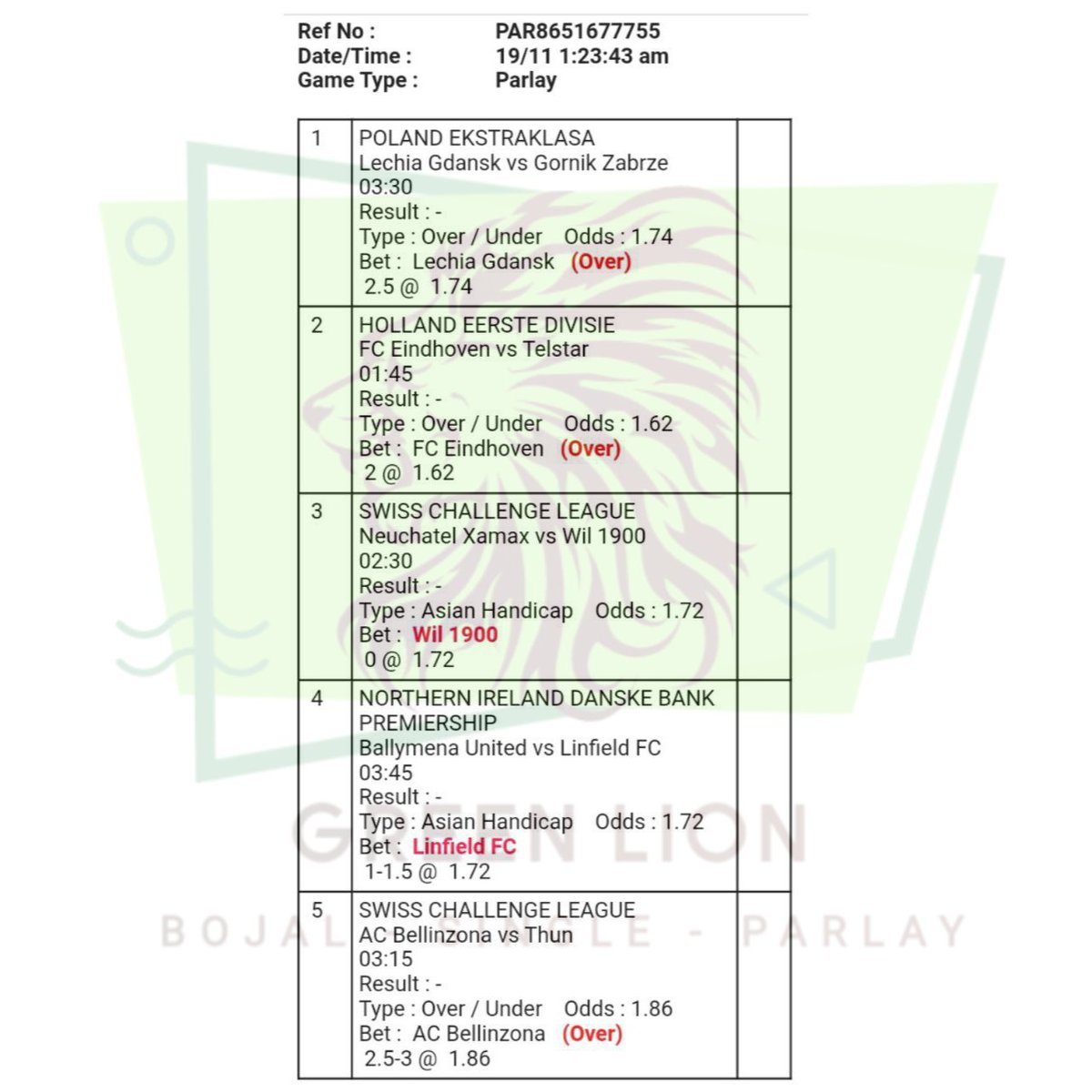 greenlionbet's tweet photo. LAST BILL PARLAY HARI INI
lanjut besok lagi
. 
#bettingtips #tipsterbola #tipsbola #tipsjitu #bettingsports #bolamania #bola #parlaybola #parlay #parlaywin #parlayjitu #parlaygratis #mixparlay #prediksi #prediksibola #prediksiparlay https://t.co/GRq4gHY4kz