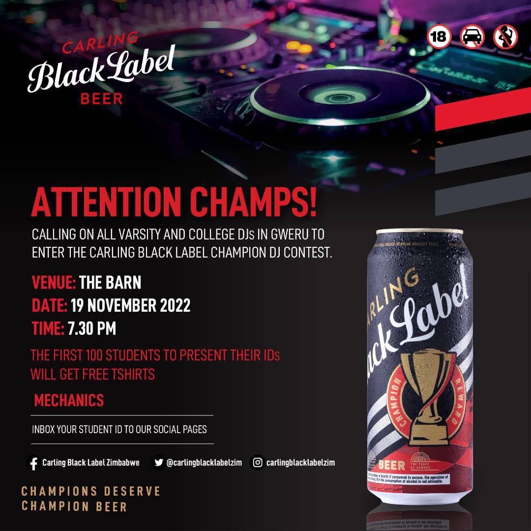 CBLZimbabwe's tweet photo. 1 more night to go till we turn up the music and light up Gweru with the Carling Black Label Champion Dj Clash.
We have some cool limited edition swag for the first 100 students to come to the Barn with valid school ID’s to support their favorite DJ. 

See you there champs! https://t.co/JVh7oL067s
