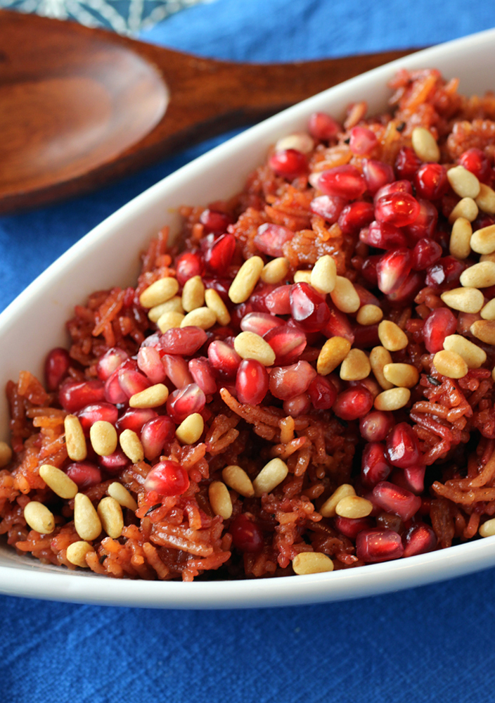 Glam up the holiday table with this dazzling pomegranate rice pilaf made with basmati cooked in pomegranate juice with a red beet. <a href="/pondicheri/">Pondicheri</a> <a href="/TenSpeedPress/">Ten Speed Press</a> foodgal.com/2022/11/bejewe…
