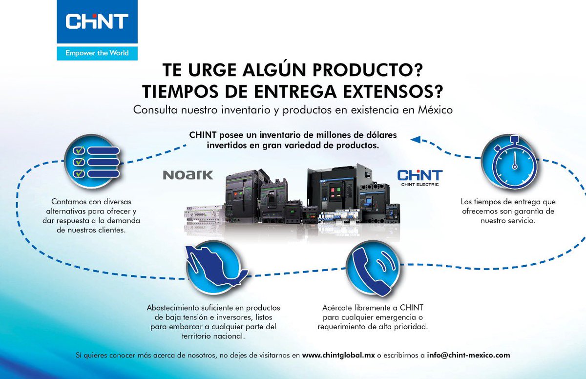 #ChintMexico cuenta con un amplio inventario en existencia. Platícanos cuál es tu necesidad y con gusto te compartiremos los productos existentes y tiempos de entrega. 
#ConoceElPoderdeChint #CPS #Noark #Astronergy #ChintElectric