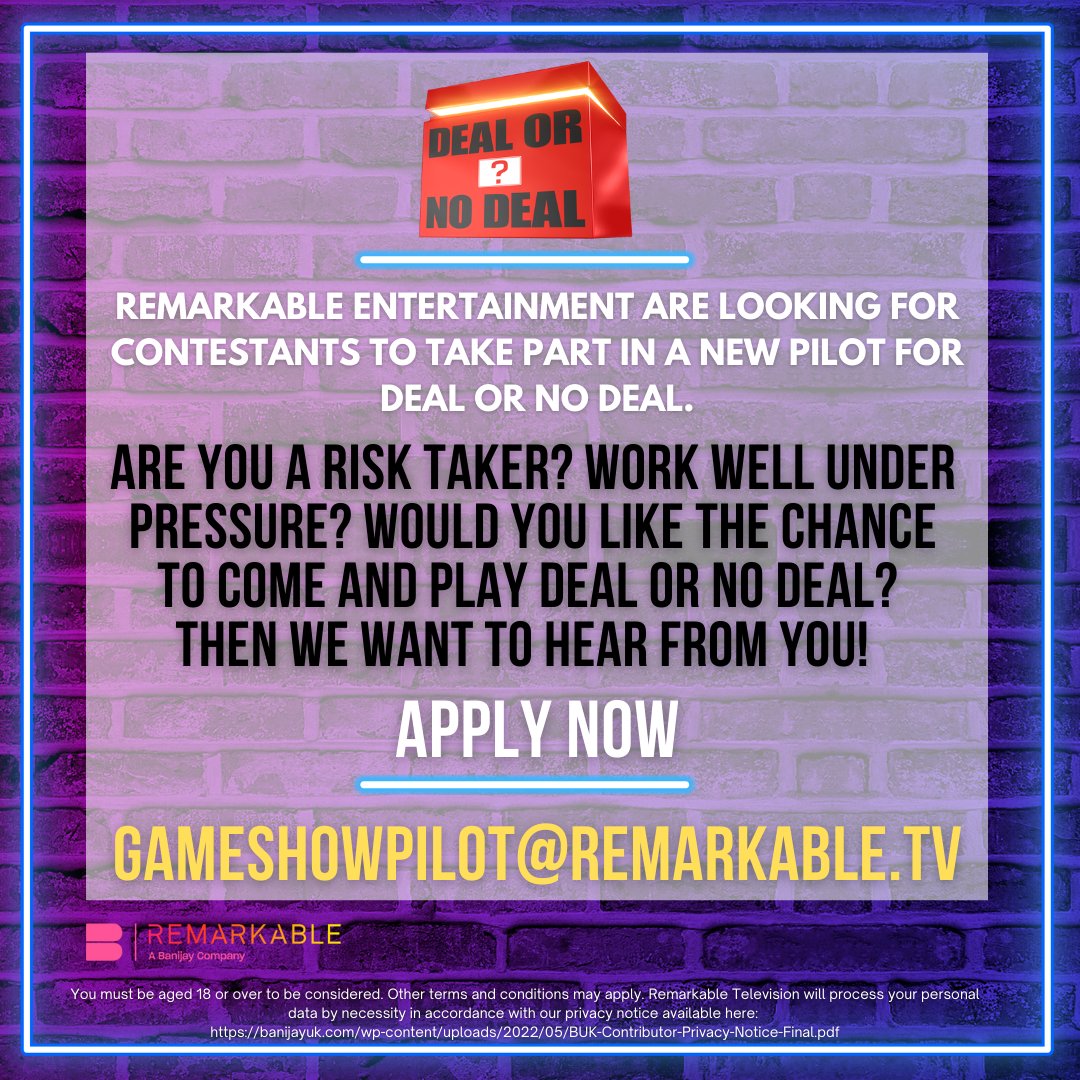 We are looking for contestants to take part in a new pilot for DEAL OR NO DEAL! Would you like the chance to come and play? Apply Now! Must be available 30th Nov &amp; 1st Dec 2022. #DealorNoDeal #TVCasting #Gameshow