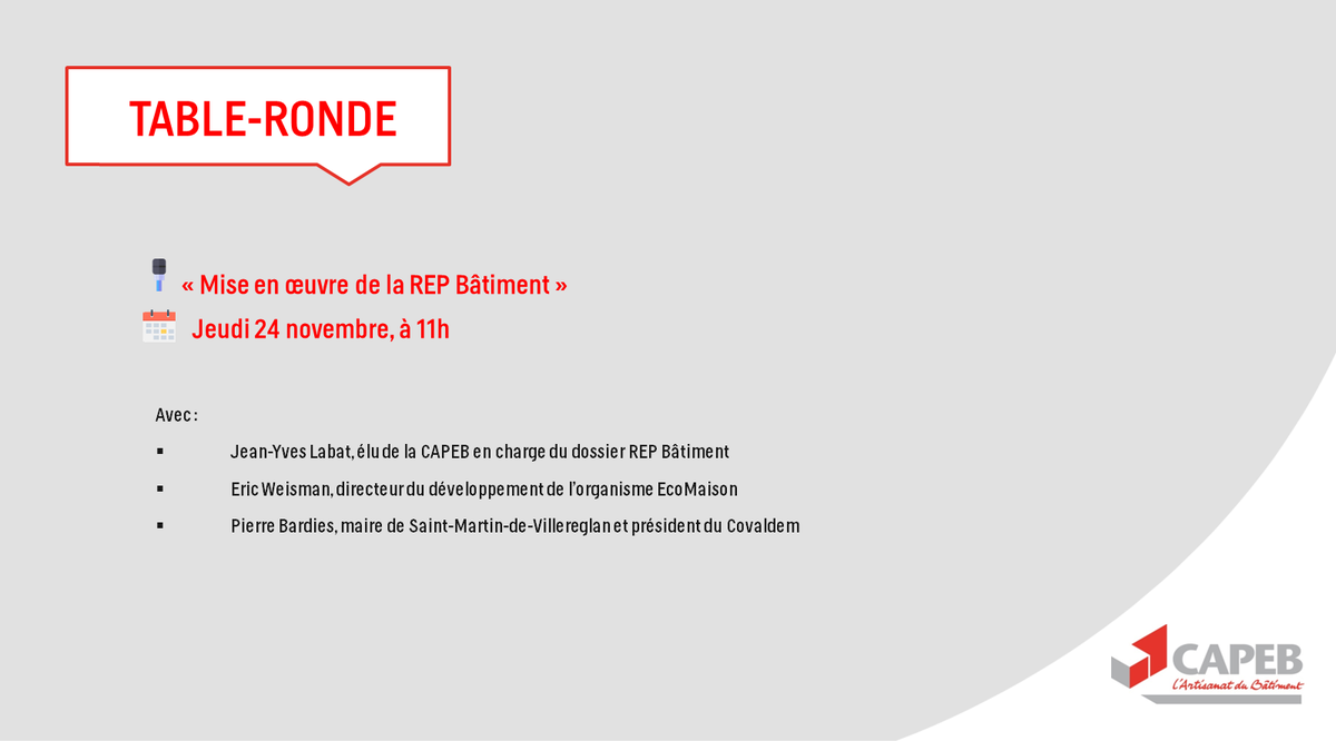 capeb_fr's tweet photo. #SMCL2022 📍 Rendez-vous jeudi 24 novembre à 10h pour la table ronde dédiée à la mise en œuvre de la #REPBatiment avec @Jyl40capeb, élu #CAPEB en charge du dossier.
+ d'infos👉 https://t.co/Zw7RDKJvo8
Téléchargez votre badge👉https://t.co/72lZsEsrgH https://t.co/RH135Ns2ZH