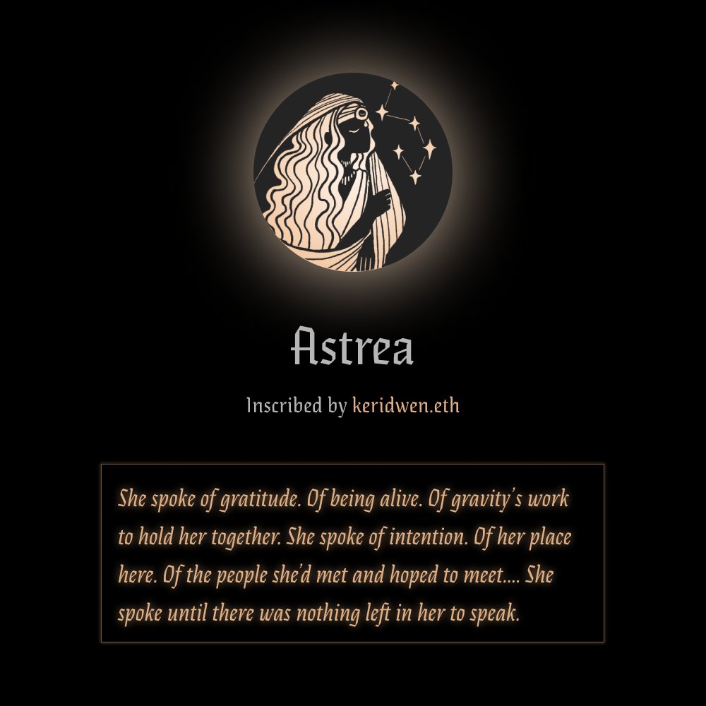 crypto_coven's tweet photo. we bring you the third and final short story for this series:

"astrea" by @keridwen_eth 

a recollection of when the WITCH ASTREA was cast from the heavens to forge constellations on earth.

https://t.co/VdEv8NDAKm https://t.co/pTMqzhptN7