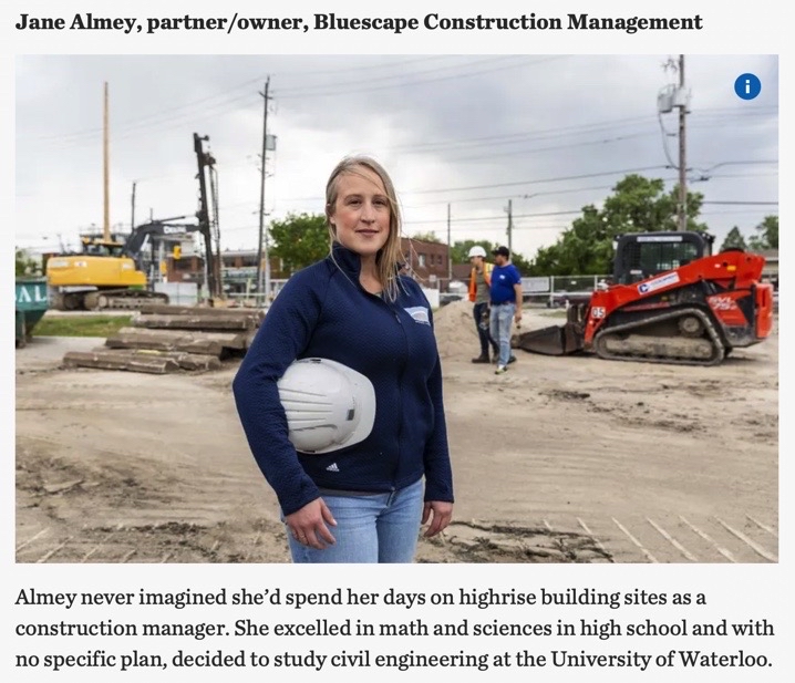 Congrats to Bluescape’s Jane Almey for being featured in the Toronto Star article “Women are proving their skills on the job site” See full article in link: buff.ly/3OgQuX8