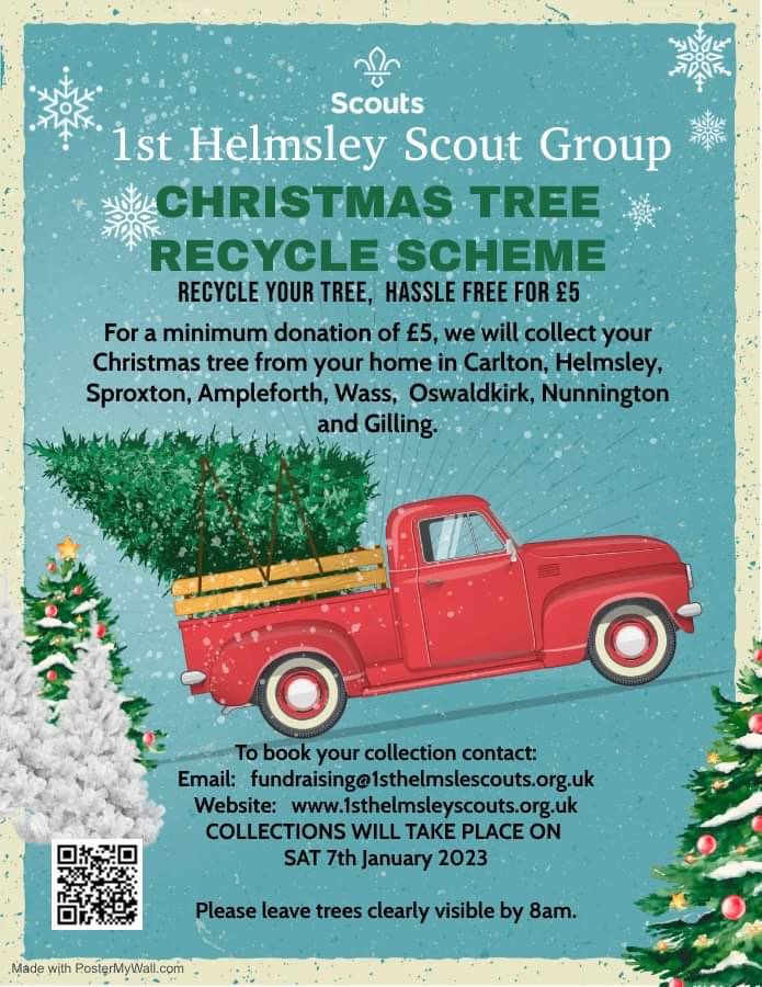 1st Helmsley Scout Group (@1sthelmsley) on Twitter photo You might not be thinking about it yet… but it’s always good to be prepared.
You can register your tree via QR code or on our website - fewebsites.wixsite.com/1sthelmsleygro…
#1sthelmsley #reducereuserecycle #christmastree #christmastreecollection <a href="/VisitHelmsley/">VisitHelmsley</a> <a href="/gazetteherald/">Gazette & Herald, Ryedale</a> <a href="/BBCYork/">BBC York</a> You might not be thinking about it yet… but it’s always good to be prepared.
You can register your tree via QR code or on our website - fewebsites.wixsite.com/1sthelmsleygro…
#1sthelmsley #reducereuserecycle #christmastree #christmastreecollection <a href="/VisitHelmsley/">VisitHelmsley</a> <a href="/gazetteherald/">Gazette & Herald, Ryedale</a> <a href="/BBCYork/">BBC York</a>