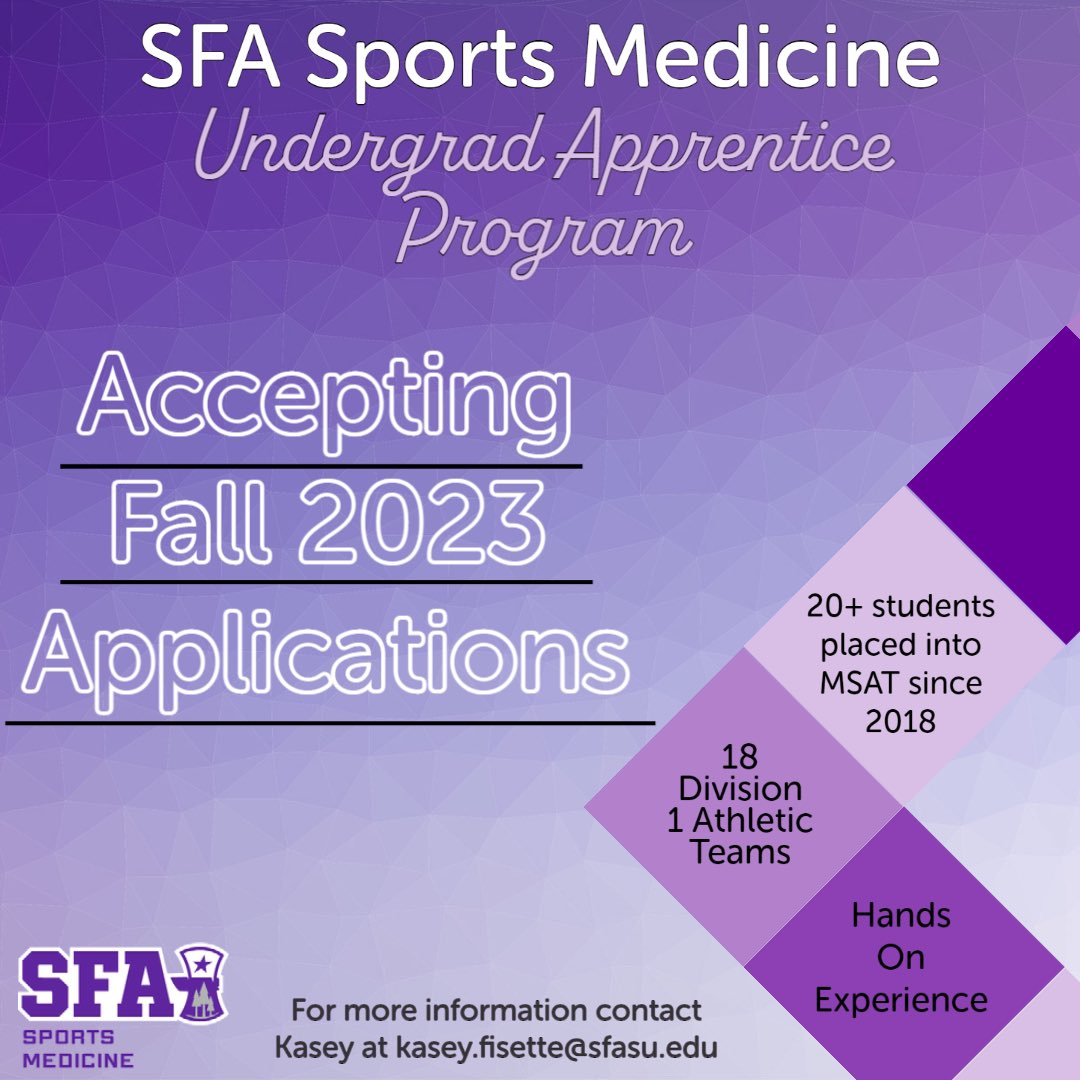 Applications are open for incoming, transfer, and current students who would like an opportunity to work with SFA Sports Medicine! 🪓🌲