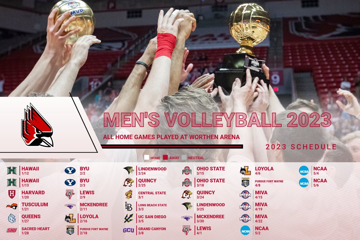 BallStateMVB's tweet photo. It's official the 2023 Men's Volleyball Schedule is out‼️

See you in January at Worthen Arena‼️

📰: https://t.co/rOROPRcjx3

#ChirpChirp x #WeFly https://t.co/qALBIR0xZP