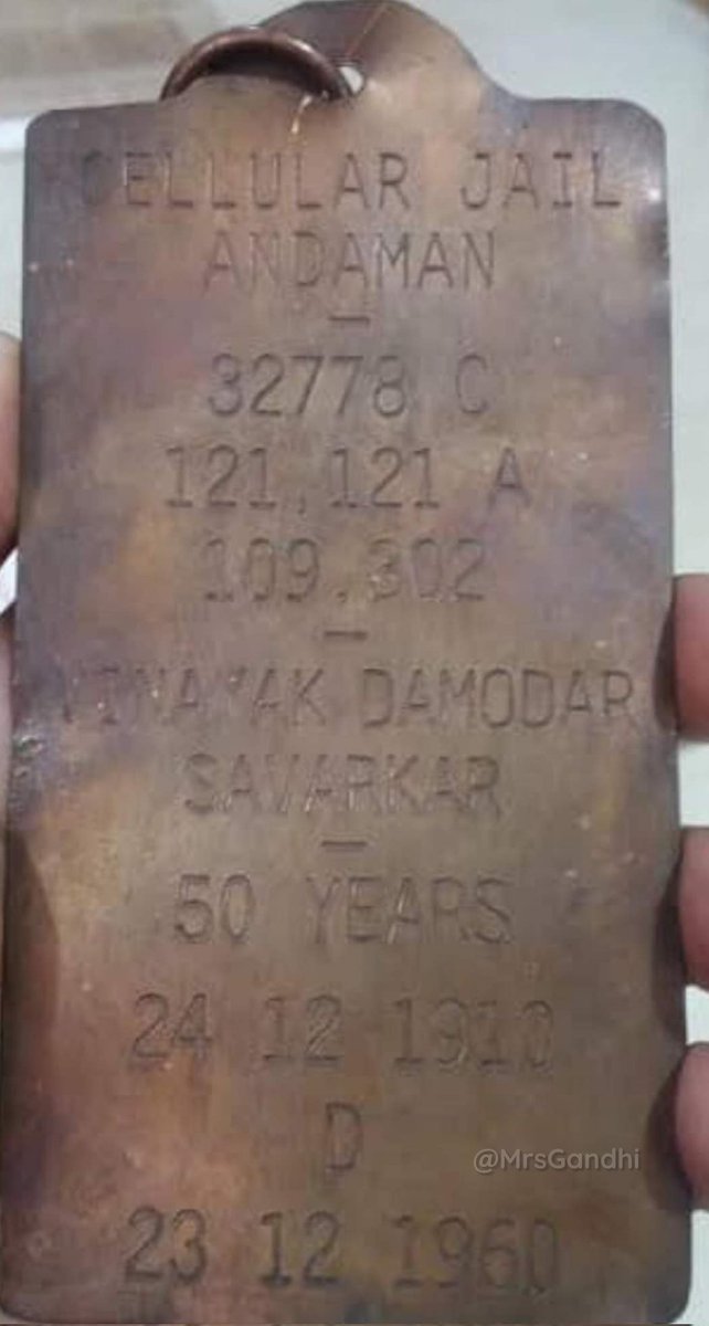 This badge was put around #VeerSavarkar's neck in Andaman prison. He was sentenced for 50 years!! All his assets, his degree & even his glasses were confiscated!! 6 months of rigorous solitary confinement, enduring unbearable torture & humiliation. All this for OUR freedom!!