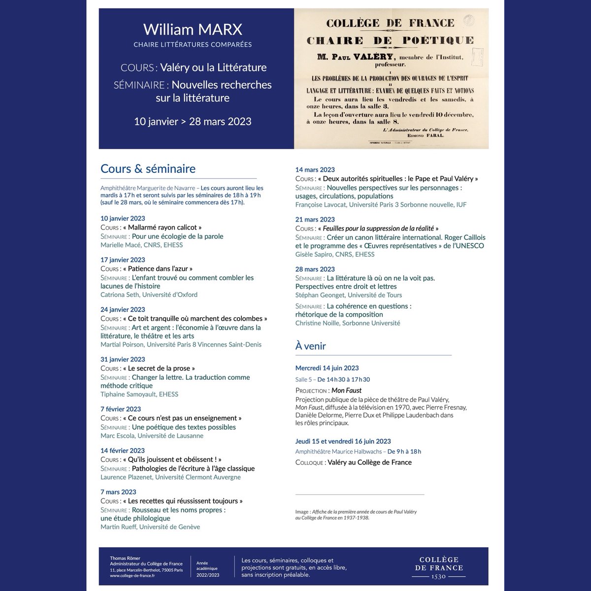 william_marx's tweet photo. Et voici le programme complet de mon cours sur Valéry et de mon séminaire du Collège de France @cdf1530 à partir du 10 janvier ! Les mardis à 17h, entrée libre et gratuite, sans inscription préalable, comme d'habitude. https://t.co/etbZz0TX1i