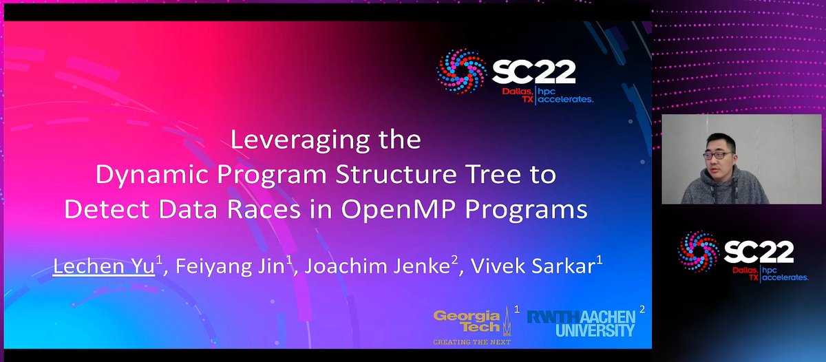OpenMP_ARB's tweet photo. Lechen Yu is now presenting at the #SC22 Correctness 2022 workshop.
He describes how SPD3, a data race detection algorithm, was extended to support #OpenMP constructs.
Workshop website:
https://t.co/O17404NlO7
#HPC #HPCAccelerates #Embedded https://t.co/OfHEnlmd9Z