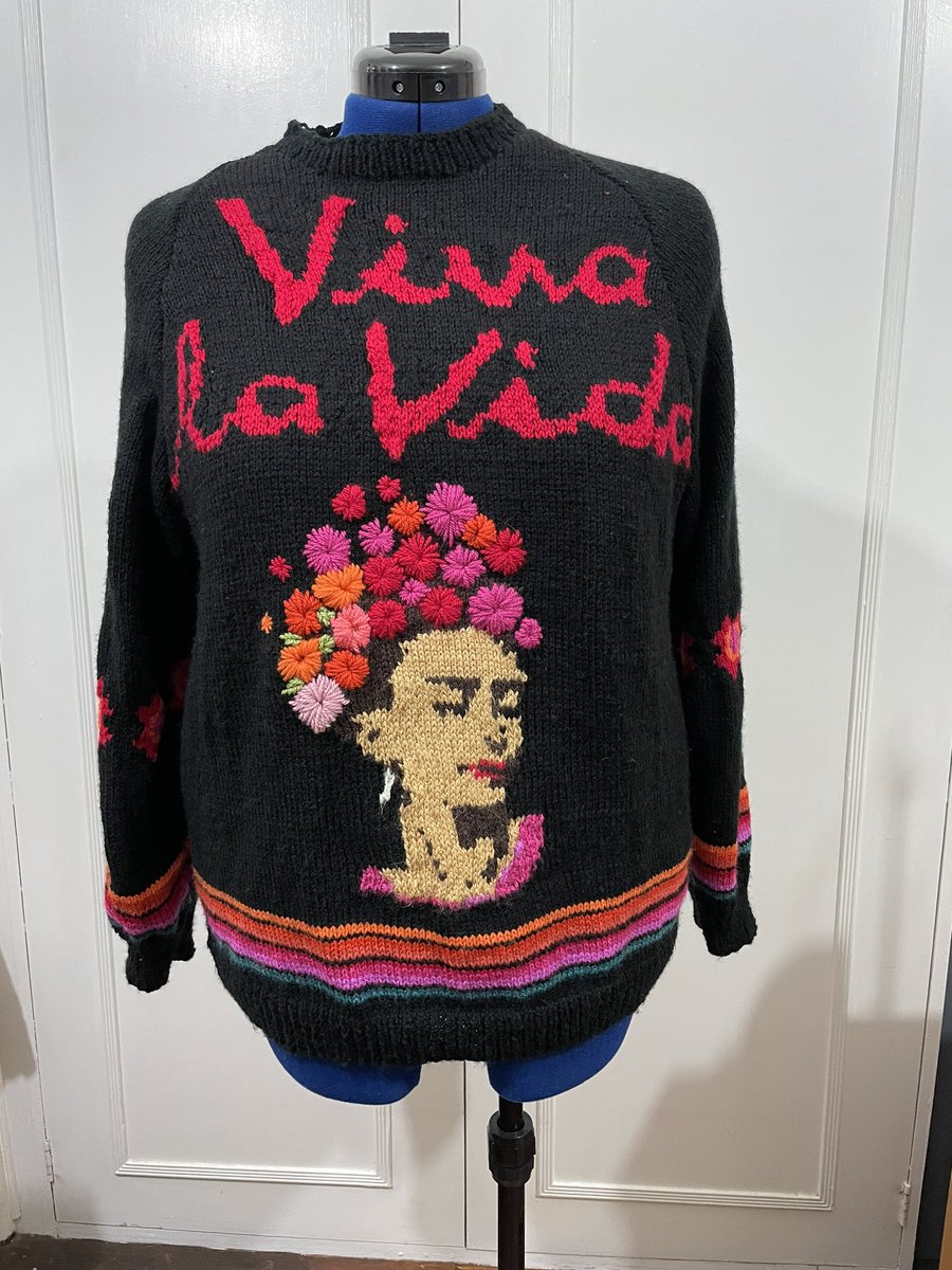 LouSalmon's tweet photo. My second ever jumper, using up old wool and my own design, I am a novice knitter and it is far from perfect but it makes me smile 😊 https://t.co/GQ16mlFPZi