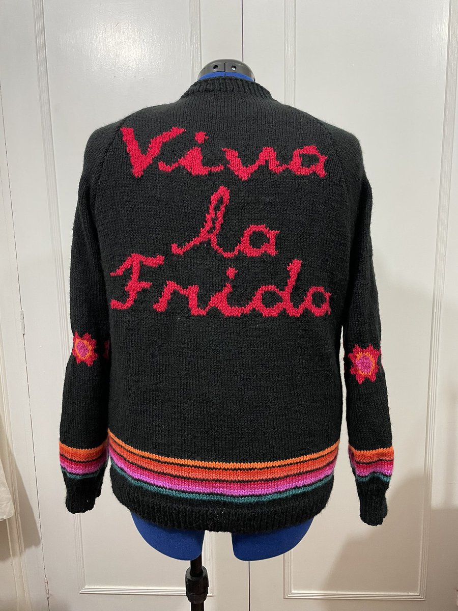 LouSalmon's tweet photo. My second ever jumper, using up old wool and my own design, I am a novice knitter and it is far from perfect but it makes me smile 😊 https://t.co/GQ16mlFPZi
