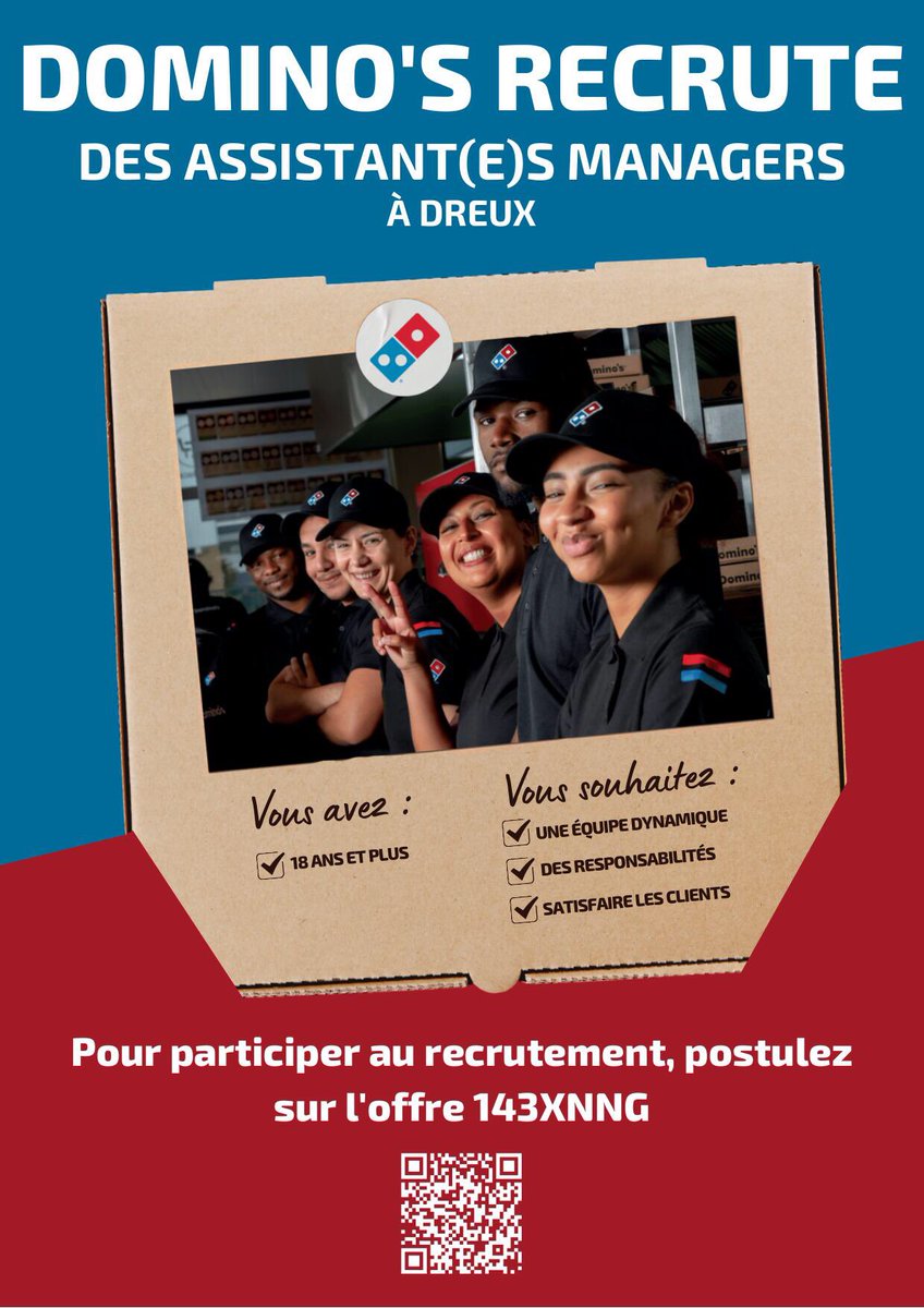 Veronica_PRS's tweet photo. 📣Prochaine ouverture à #Dreux du @dominos_pizzafr 🍕
3️⃣0️⃣postes dans la #restauration
🎯Employés polyvalents 
🎯Premiers Équipiers 
🎯Assistants Managers 
ℹ️ Inscription sur le site https://t.co/1degmncI1u
📆 #jobdating 21/11, 23/11 et 25/11
#TousMobilisés #AvecPoleEmploi https://t.co/XuqeMgYBq4