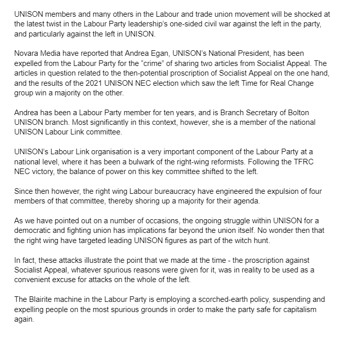 UnisonMarxists's tweet photo. Andrea Egan, UNISON's elected president, has been scandalously expelled from the Labour Party for the "crime" of sharing two @socialist_app articles. Our statement: https://t.co/wI1XCiw5Ms