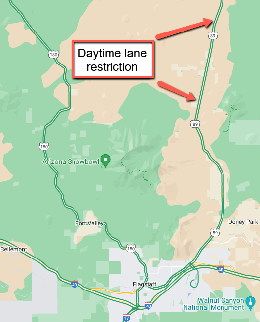 ArizonaDOT's tweet photo. *FLAGSTAFF RESTRICTIONS*
US 89 southbound will be reduced to one lane only near Flagstaff on Monday, Nov. 21.
Watch for pavement repair restrictions between mileposts 440-434 from 8 a.m. to 1 p.m.
#aztraffic #US89 https://t.co/w7UIGVGspR