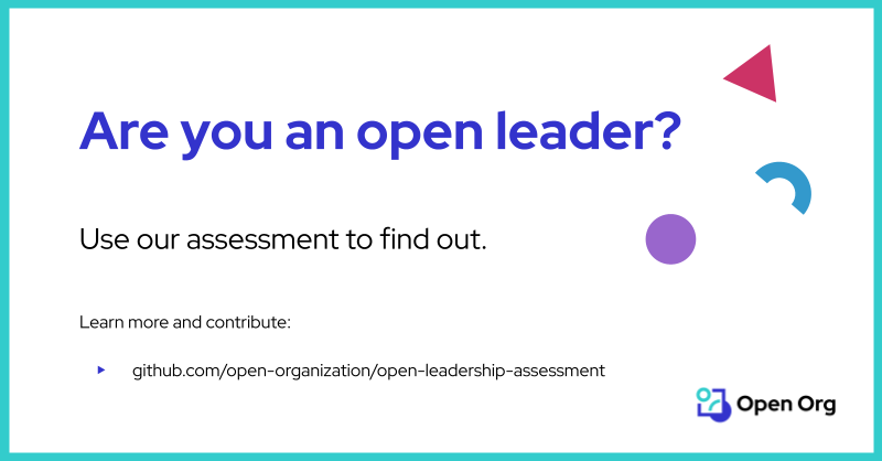 The Open Organization project (@openorgproject) on Twitter photo This week #TheOpenOrg community launched our latest resource: an assessment teams can use to guide their #open culture and #leadership conversations. Read the announcement (bit.ly/3UTmYZt) and check it out (bit.ly/3Nyud6G)! This week #TheOpenOrg community launched our latest resource: an assessment teams can use to guide their #open culture and #leadership conversations. Read the announcement (bit.ly/3UTmYZt) and check it out (bit.ly/3Nyud6G)!