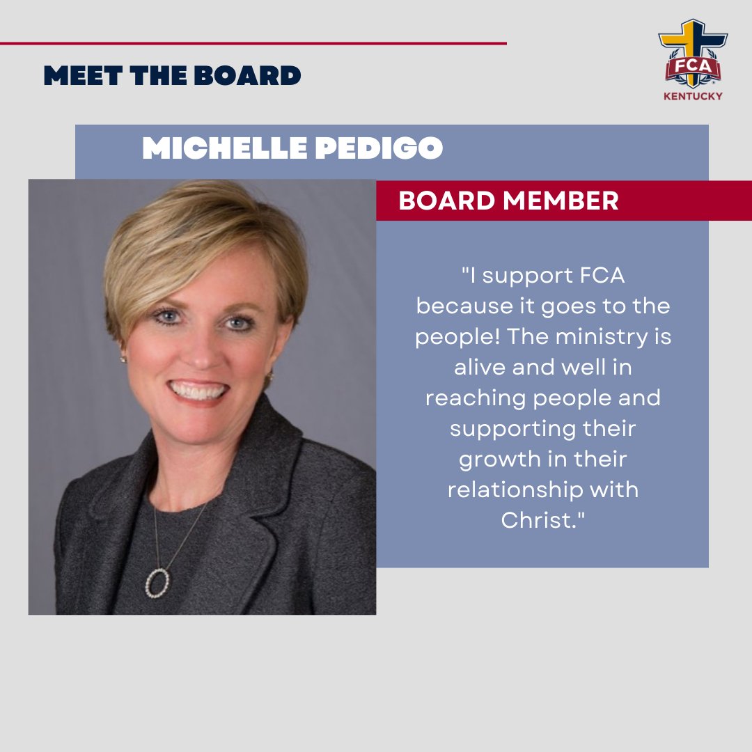 kentuckyfca's tweet photo. Board Member Monday!
Today's Board Member highlight is Michelle Pedigo. Michelle is the Co-Chair of the Kentucky Board. She also currently serves on the local SCKY East FCA board. 

Her full bio is up on our website. 
https://t.co/tcd4f78iSr https://t.co/sM5Br34hoq