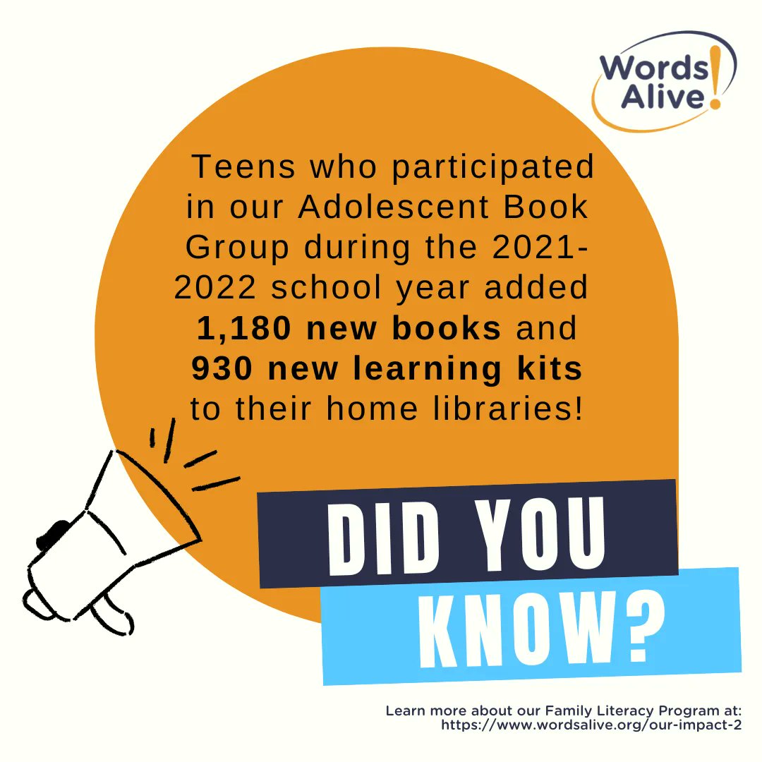 WordsAliveSD's tweet photo. Happy #FactFilledFriday! Did you know that teens who participated in our Adolescent Book Group during the '21-'22 school year added 1,180 new books and 930 new learning kits to their home libraries? Learn more at: https://t.co/0cHoPn3DM7 https://t.co/2kcD63UM1w