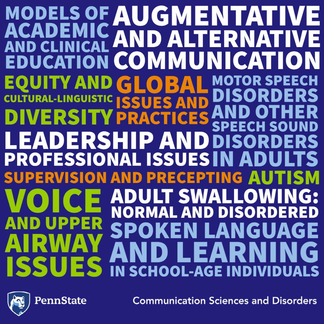 PennStateCSD's tweet photo. Did you know that the 31 #pennstatecsd #ASHA22 presentations span 11 different topic areas? 

View the full list at https://t.co/FJEl4PWRVt

#AAC #autism #deib #equity #voice #motorspeech #swallowing #language #PhDinCSD #slp2b #HHDresearch #CSDimpact https://t.co/NKBnQ03CEN