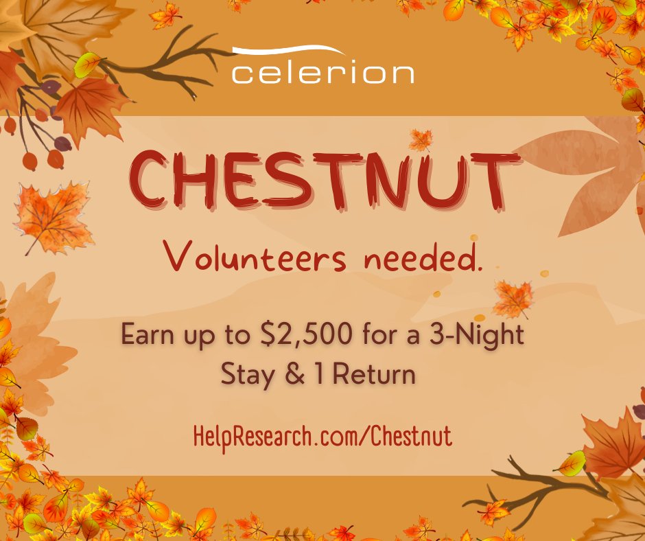 We have short term studies available for you! Participate in our Chestnut Study &amp; earn up to $2,500 for a 3 Night Stay &amp; 1 Return. To learn more visit HelpResearch.com/Chestnut today!
 #clinicaltrials #clinicalresearch