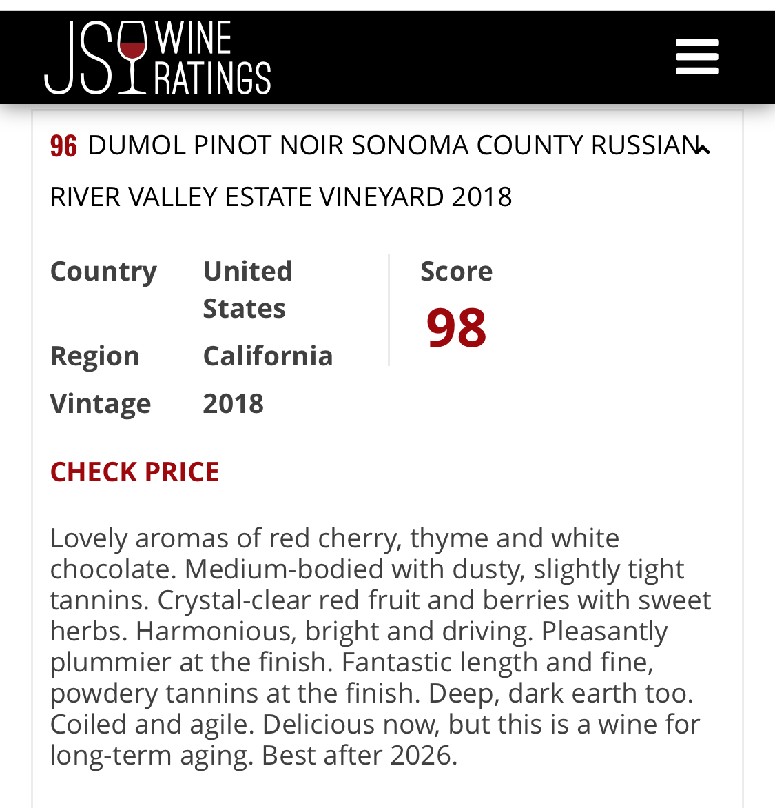 We are equally humbled and thrilled to have been chosen as the only California Pinot Noir on the <a href="/JamesSuckling/">James Suckling</a> 2022 Top 100 Wines of the World list. Our 2018 DuMOL Estate Vineyard Pinot Noir received 98 points and is number 96 on their list. 
#dumolwinery #pinotnoir #top100wines
