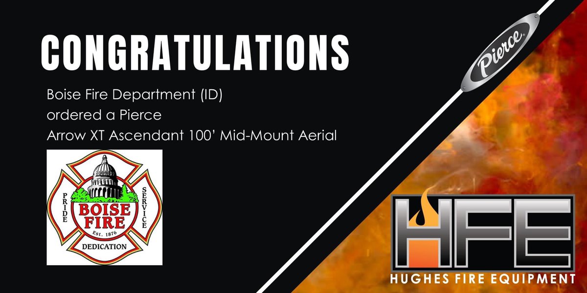 HughesfireHFE's tweet image. Thank you #BoiseFireDepartment (ID) for the recent order of a #ArrowXT Ascendant 100' Mid-Mount Platform Aerial. Congrats on the upcoming addition. Thanks for choosing #PierceMfg &amp;amp; #HughesFire. 
Job #39736
Sales Rep: Kyle Bocik
#FireFightersChoosePierce #PerformLikeNoOther