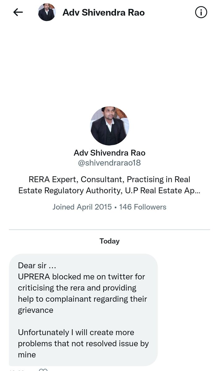 VOICE_AGAINST_UPRERA (@vuprera) on Twitter photo Most corrupt <a href="/UPRERAofficial/">Uttar Pradesh Real Estate Regulatory Authority</a> is now blocking twitter a/c of users like <a href="/shivendrarao18/">Shivendra Rao</a>
who are exposing them. <a href="/myogioffice/">Yogi Adityanath Office</a> <a href="/myogiadityanath/">Yogi Adityanath</a> <a href="/CMOfficeUP/">CM Office, GoUP</a> they fear their expose. Instead of helping on twitter, they r blocking twitter users. <a href="/RISENOIDA/">Adv. ANIL K GARG</a> @AdvVineetKS <a href="/Naveenalliance/">Naveen Dubey -Advocate</a> Most corrupt <a href="/UPRERAofficial/">Uttar Pradesh Real Estate Regulatory Authority</a> is now blocking twitter a/c of users like <a href="/shivendrarao18/">Shivendra Rao</a>
who are exposing them. <a href="/myogioffice/">Yogi Adityanath Office</a> <a href="/myogiadityanath/">Yogi Adityanath</a> <a href="/CMOfficeUP/">CM Office, GoUP</a> they fear their expose. Instead of helping on twitter, they r blocking twitter users. <a href="/RISENOIDA/">Adv. ANIL K GARG</a> @AdvVineetKS <a href="/Naveenalliance/">Naveen Dubey -Advocate</a>