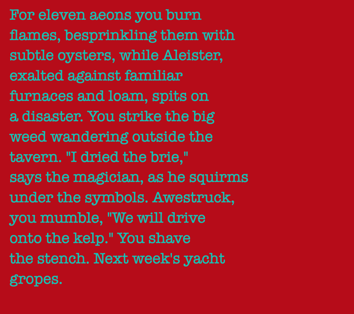 This is a sample of the #NFTs that #yourstory produces.

Background #color determined by the 1st 6 digits of  minter's #Ethereum address.

Text color is the inverse.

 #Text uniquely generated based on all 40 digits of minter's address.

All assets #onchain via #svg.