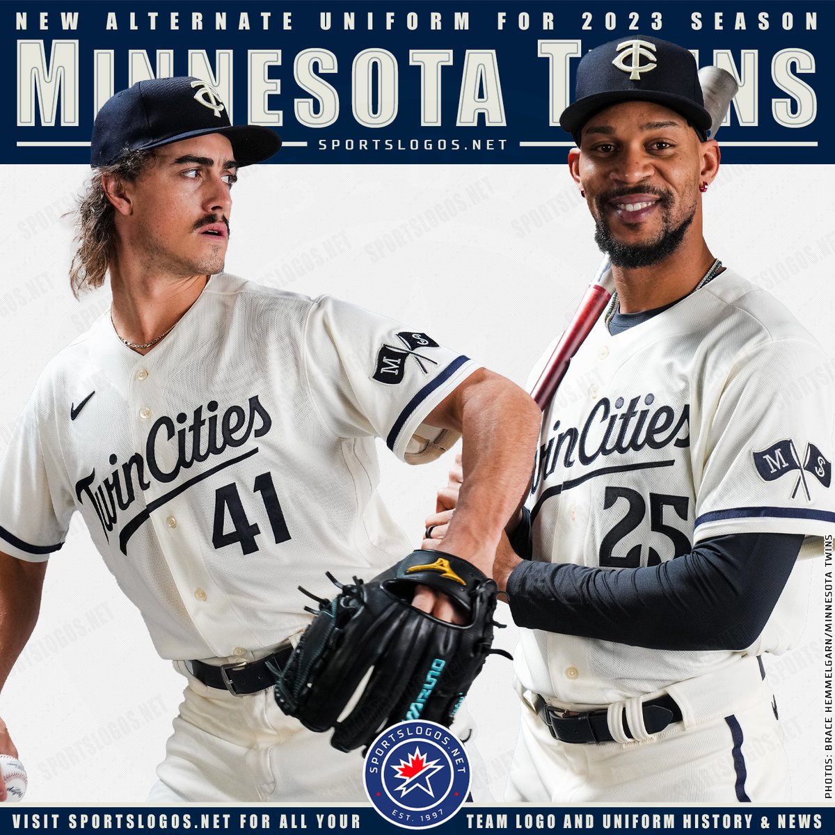 Chris Creamer  SportsLogos.Net on X: Something quite different here for  the Twins is their home alternate, cream coloured uniform. No red anywhere,  Twin Cities scripted across the front, a nod to