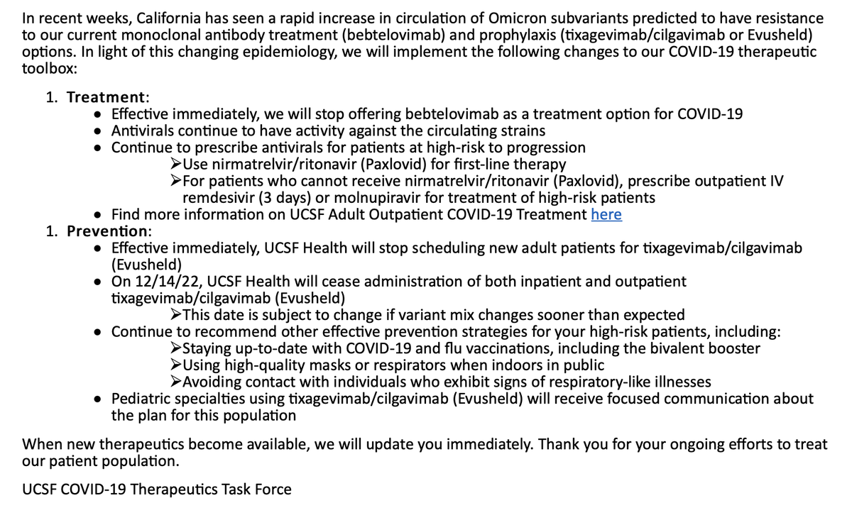 Monoclonal Abs have been useful 2nd-line Rx (bebtelovimab) for Covid in hi-risk pts &amp; for prophylaxis (Evusheld) in immunocompromised. With new subvariants, these agents are no longer effective (<a href="/UCSF/">UC San Francisco</a> announcement below). Highlights role of boosters, Paxlovid &amp; prudent behaviors.