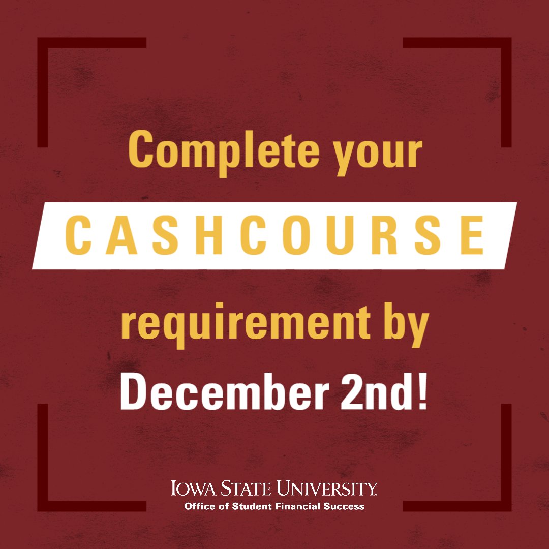 NoFearFinanceIA's tweet photo. 🚨 First-year students 🚨

Make sure to complete your CashCourse requirement by the December 2nd deadline!
#nofearfinance https://t.co/4p1vIOlhUW
