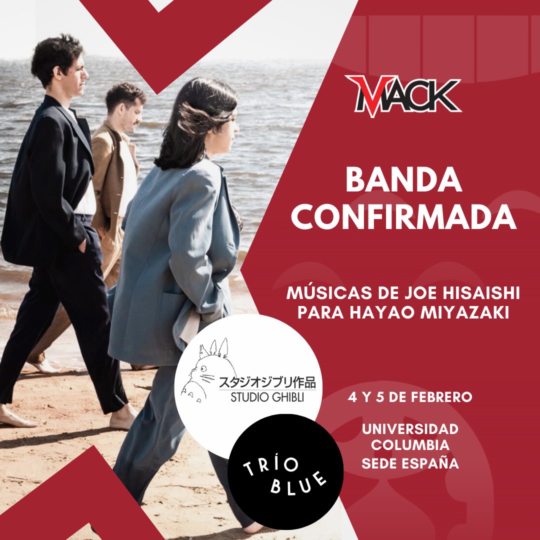 FestivalMACK's tweet photo. La primera banda confirmada: @triobluepy ✨️nos invita a experimentar toda la magia de #StudioGhibli con músicas de Joe Hisaishi para Hayao Miyazaki 💫

📍No te pierdas el 4 y 5 de febrero en la Universidad Columbia sede España

📣Con el apoyo de @ucpy y @FundamentaH 
#MACK https://t.co/wxnLDcUzZB
