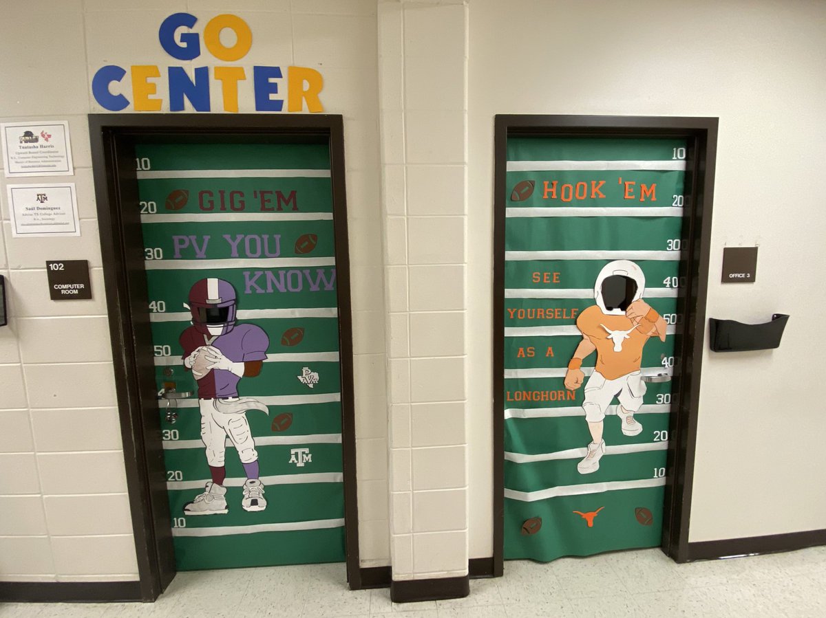 nimitzgc's tweet photo. And that’s a wrap on #GenTXWeek! 🥳 The Go Center and Mrs. Morataya teamed up for some good ol’ UT vs. A&M door decorations 🏈 #UT #PVAMU #TAMU #Choices https://t.co/W7yYB8gG9X