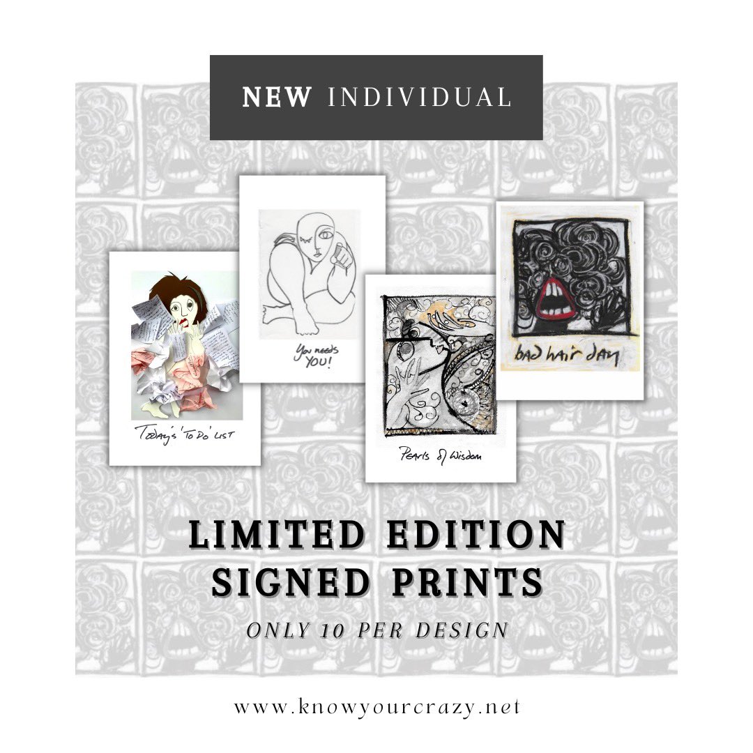 Your next "crazy" essential art prints are out! Now available for purchase are "Today's 'To-Do' List", "You Needs You", "Pearls of Wisdom", and "Bad Hair Day" as Autographed Limited Edition Prints on our website.

🔗: knowyourcrazy.net/shop

#artprint #art #KYC #Prints