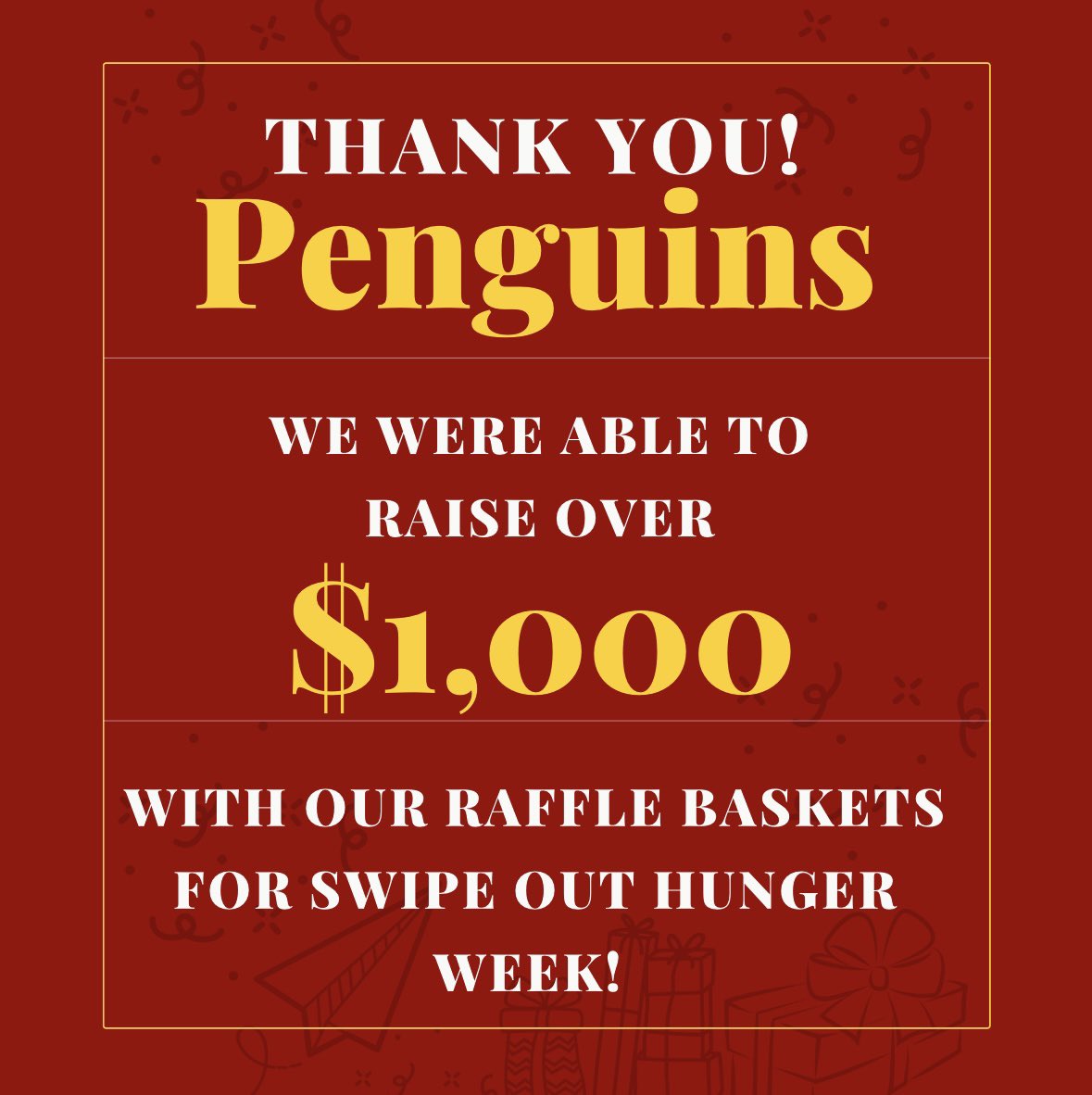 Thanks to you, we were able to raise $1000 in donation funds through our raffle baskets alone. This doesn’t include food drive donations or meal swipes!

#ysu #youngstown #goguins #yandproud