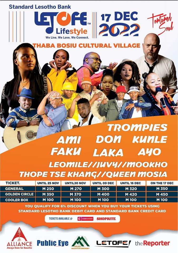 Chrisstheko's tweet photo. Standard Lesotho Bank LETOFE lifestyle experience 2022.
Come and enjoy a lifestyle experience on 17 December at Thaba Bosiu Cultural Village with Mookho, Tortured Soul, Ami Faku, Leomile and lots of entertainment on the day.
We live. We love. We connect!!
#Lstwitter #Letofe https://t.co/b95v6edUsA