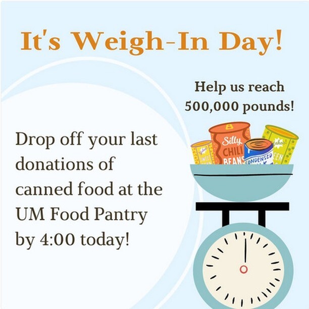 @um_pantry 
The Pantry distributes just over a TON of food each month! Can the Cats is just one way we keep our shelves stocked through the academic year to help support our students. Drop your last minute donations off by the end of the day today!