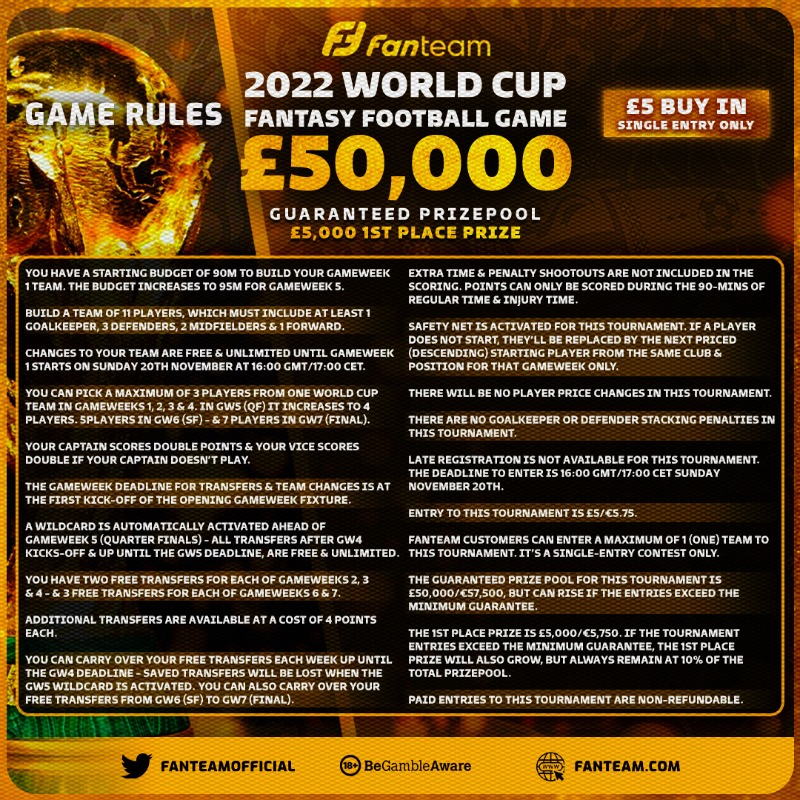 FanTeamOfficial's tweet photo. 🎟 WORLD CUP COMPETITION 🎟

To celebrate hitting 15,000 entries in our £50,000 #WorldCupFantasy game, the @FPLGeneral is kindly giving away 1️⃣5️⃣ FREE ENTRIES.

Fancy winning a free £50,000 game entry for you and a friend?

𝗧𝗢 𝗘𝗡𝗧𝗘𝗥

1⃣ RETWEET this tweet
2️⃣ TAG a friend