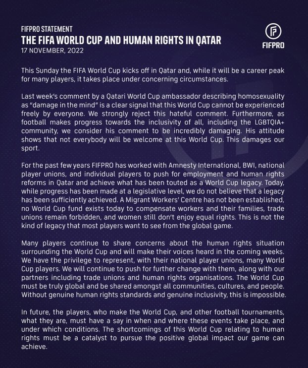 ❗️Statement on #Qatar2022 from <a href="/FIFPRO/">FIFPRO</a>, a trade union that unites the voice of professional footballers and their national unions: “Today, while progress has been made at a legislative level, we do not believe that a legacy has been sufficiently achieved.”