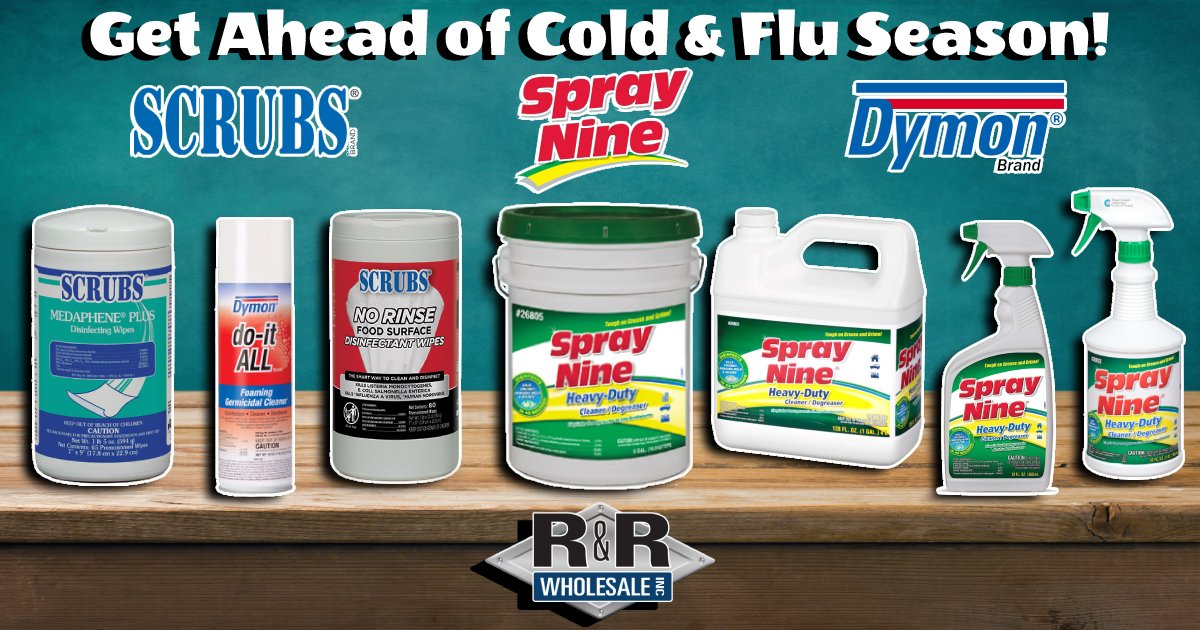RRWHOLESALE's tweet photo. With the changing of the weather, cold &amp; flu season is quickly approaching. Help keep your customers safe this season with the help of products from trusted brands such as Scrubs, Spray Nine, and Dymon!

#scrubs #spraynine #dymon #masterdistributor #distributor #coldfluseason https://t.co/z14rNexs3K