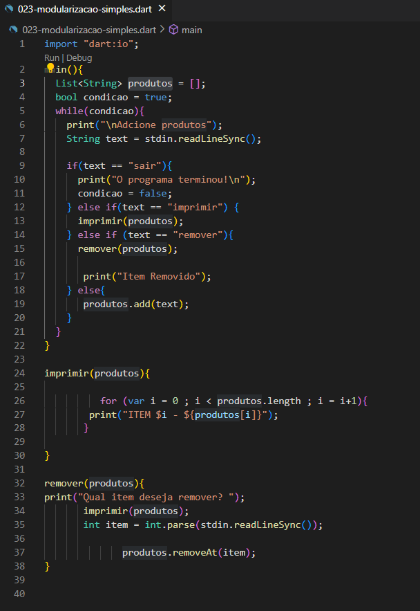 pixelpreto's tweet photo. Day 97 of #100DaysOfCode 

- Modularização simples
- Com passagem de parâmetros
- Função imprimir(); fora do escopo main
- Função remover(); fora do escopo main

#Dart #Flutter #VSCode #Coding #Programming #Code #Developers #Tech #SideProject #LearningHowToCode https://t.co/crZsZiUX9M