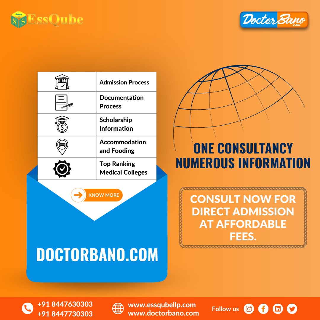 essqube's tweet photo. One Consultancy, Numerous Information
- Admssion Process
- Documentation Process
- Scholarship Information
- Accomodation and Fooding
- Top Ranking Medical Colleges
Consult now for direct admission at affordable fees.
Want to know what we offer? Check below
#essqube #doctorbano https://t.co/l6FunqzHzW
