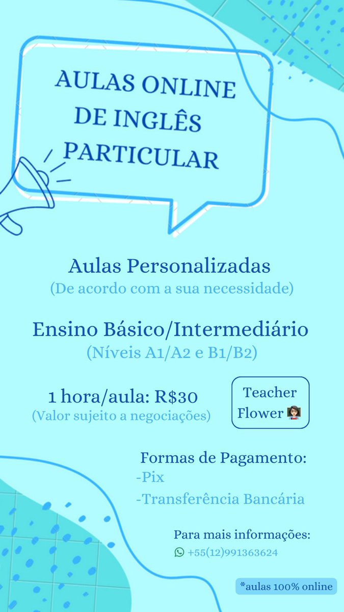 rwltesao's tweet photo. Oii gnt, vou começar a dar aula online de inglês particular!
Qm puder compartilhar vai me ajudar mt 🫶
Caso algm tenha interesse, me manda msg no Whatsapp!! Se souberem de algm q se interessaria tbm, mandem o anúncio e falem pra me mandar uma msg. Obg! 💗
Informações nas fotos ⬇️ https://t.co/NOpArBqBk6