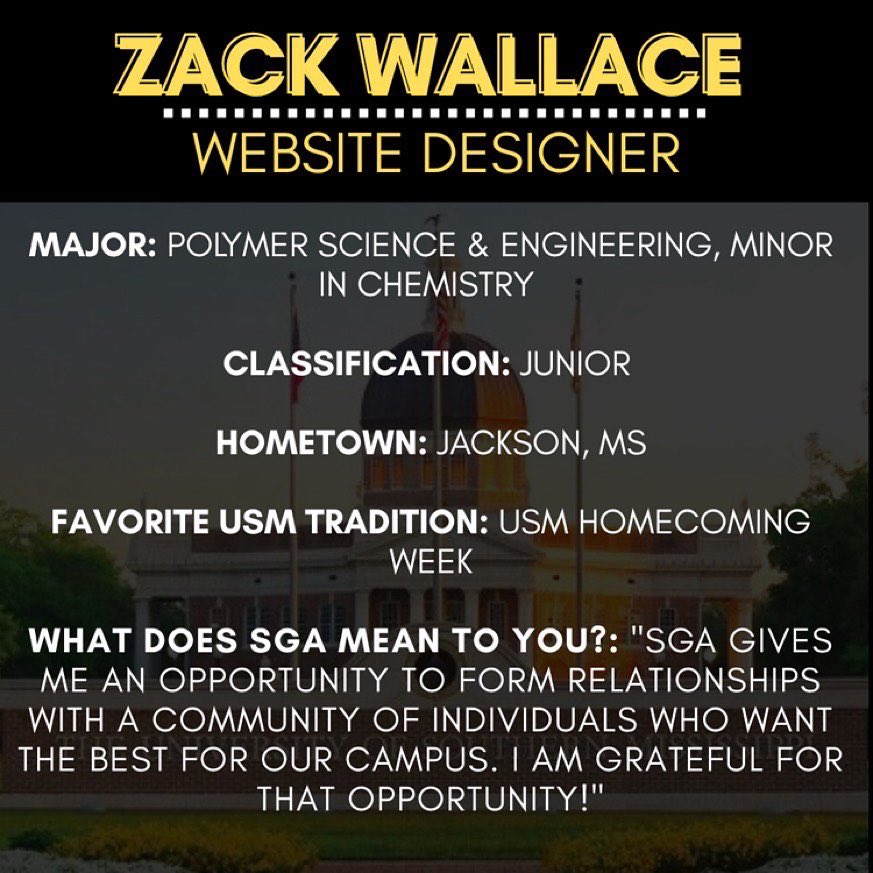 Today, the Student Government Association (SGA) spotlights Zack Wallace!

“SGA gives me an opportunity to form relationships with a community of individuals who want the best for our campus. I am grateful for that opportunity.” 

Zack, thank you for all that you do for SGA!
