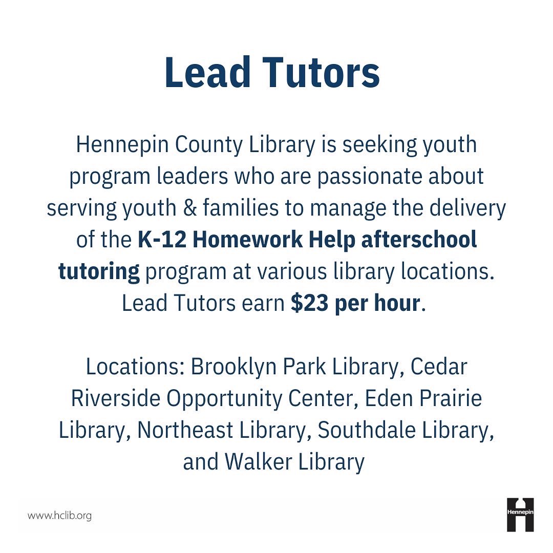 MCTC_Library's tweet photo. Are you interested in working at @hclib?! Bring your resume &amp; stop by this pop-up hiring event @MplsCollege Library on Mon, Nov 21st, 4-7 PM. Contact Elissah Becknell for more info &amp; to sign up for an interview time! Elissah.Becknell@minneapolis.edu
#libraryjobs https://t.co/0jjx1HNXoV