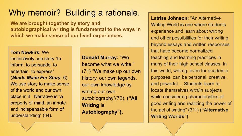 ellengianakis's tweet photo. Memoir writing allows students to cultivate curiosity about themselves, practice self-love, and present their identities to one another. We want to capitalize on the ways that they’re identifying and make space for that in our classrooms! @RachelScupp @EsMteach #NCTE22 #NCTE2022 https://t.co/MHFEfEeQVK