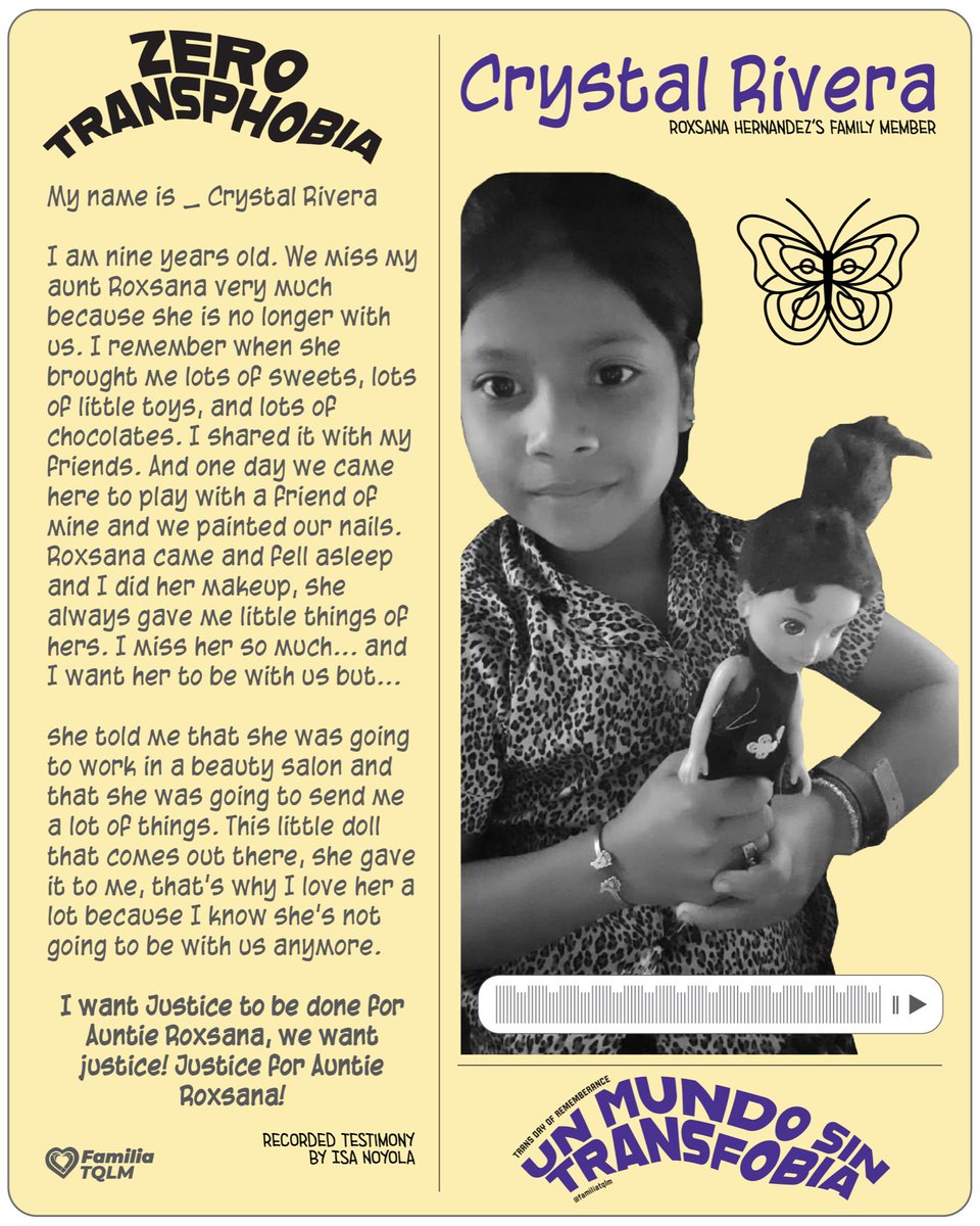 SFVmovement's tweet photo. If we had a world without transphobia, Crystal Rivera would still have her tia Roxsana today. Roxsana Hernandez died due to ICE’s negligence. Today we remember and will not forget her and her family who miss her dearly.
#TDoR #EndTransDetention #ZeroTransphobia https://t.co/i5bCiPWzHv